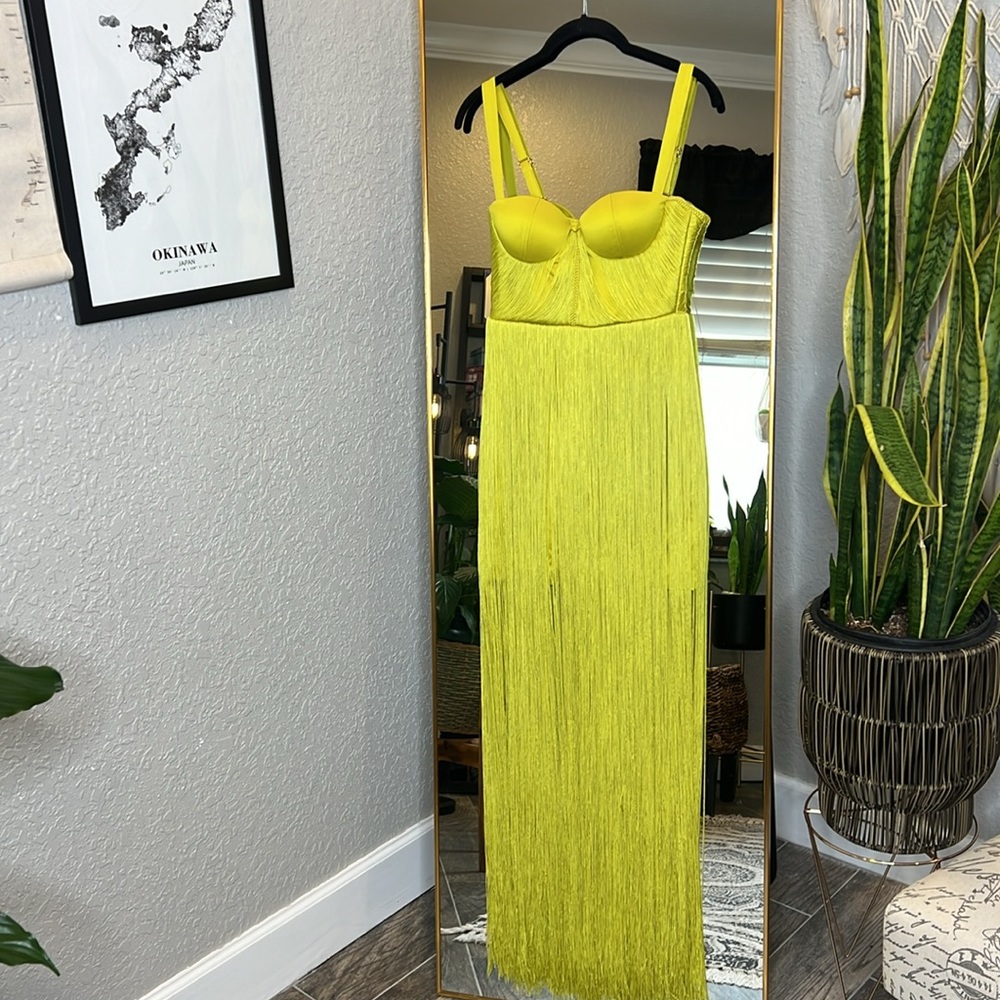 HOUSE OF CB 'Emee' Acid Yellow Satin Fringe Dress - Picture 12 of 17